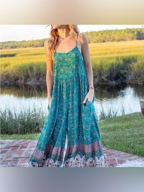 Boho Natural Life Zoe Wide Leg Jumpsuit Turquoise XL GUC Boho Coastal Whimsical